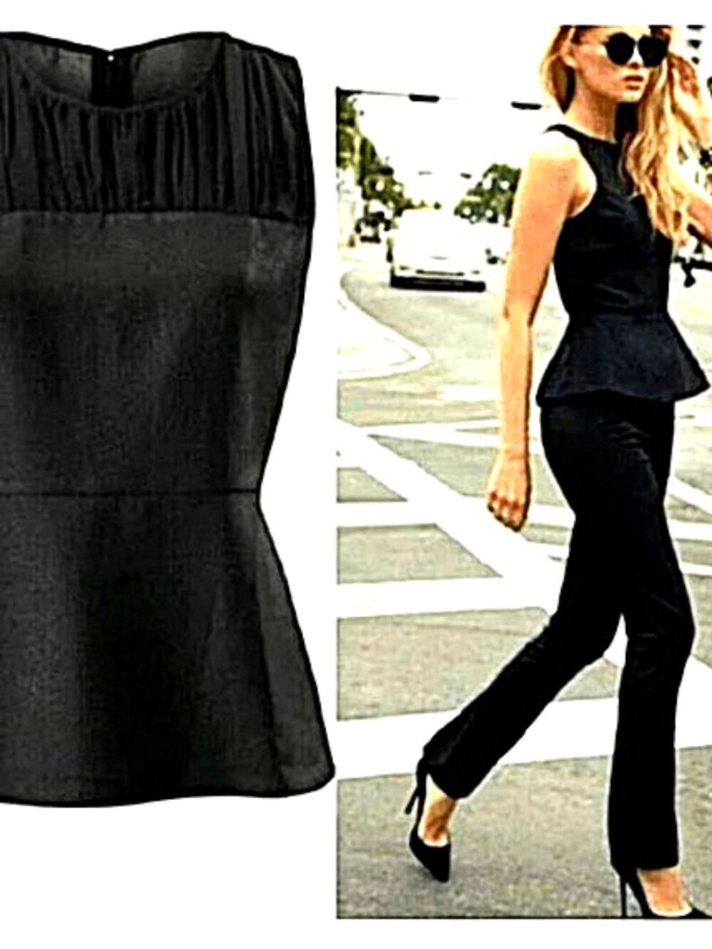 CAbi Black Print Sleeveless Peplum Blouse Top #3080  size 8